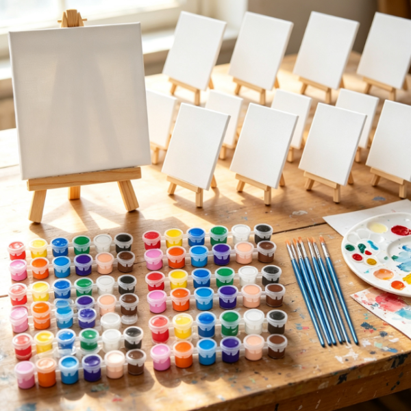 Canvas, easel, and acrylic paint set