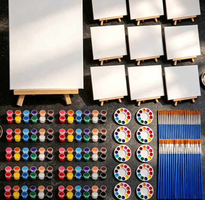 Mini canvas, easel, and paint set