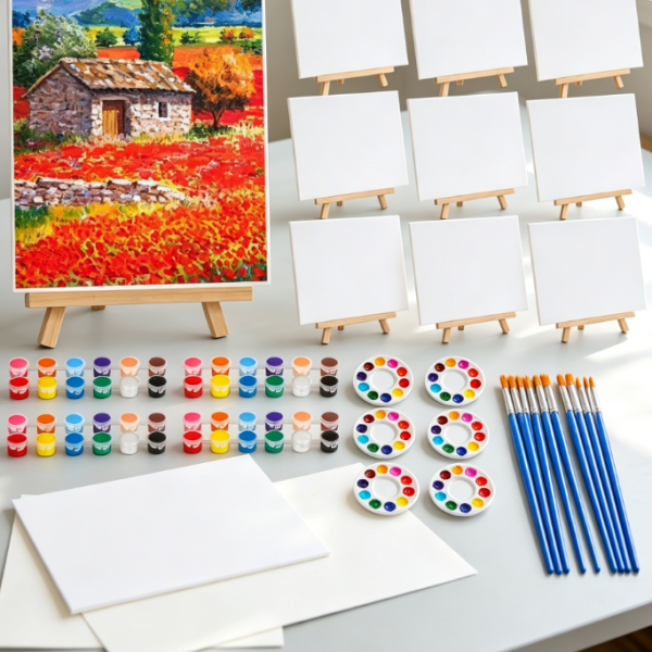 Mini canvas, easel, and paint set