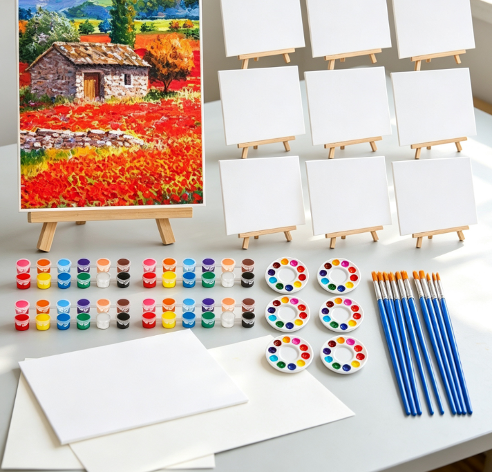 Mini canvas, easel, and paint set