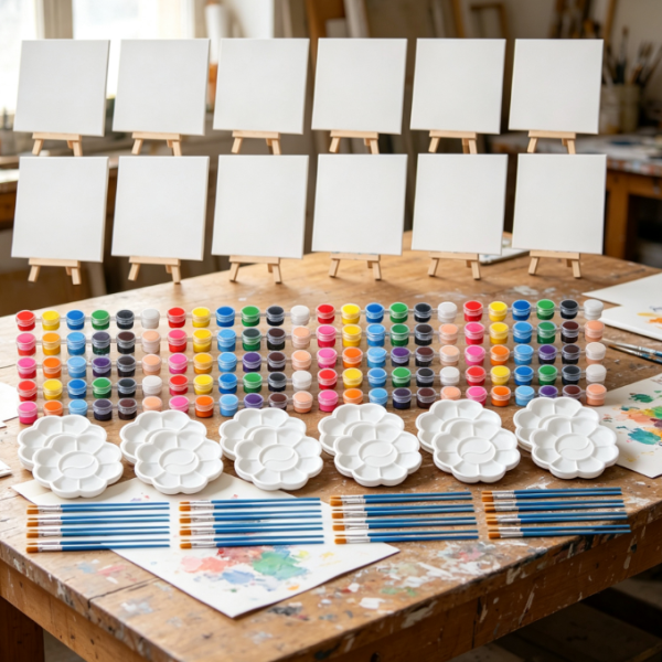 Mini canvas, easel, and paint set