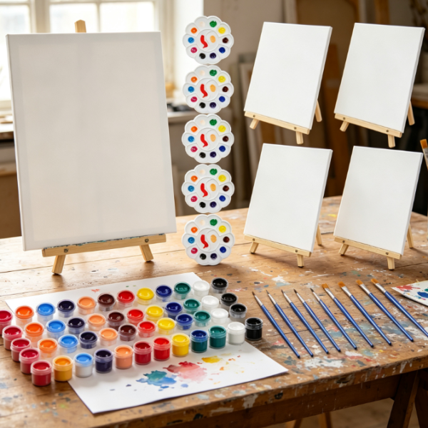 Canvas, easel, and acrylic paint set
