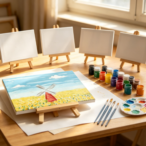 Canvas, easel, and acrylic painting set
